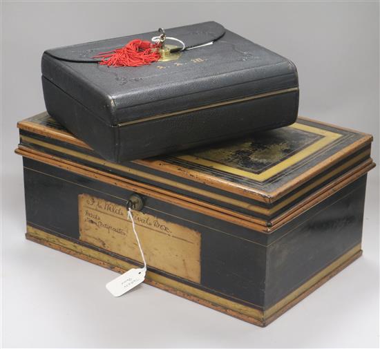 A Bramah-locked writing box and a deed box box 41 x 18 x 26cm